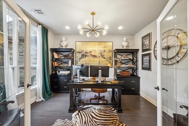 office space with french doors, baseboards, wood finished floors, and visible vents