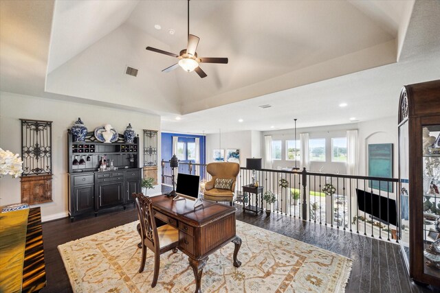 office with a ceiling fan, recessed lighting, wood finished floors, and visible vents