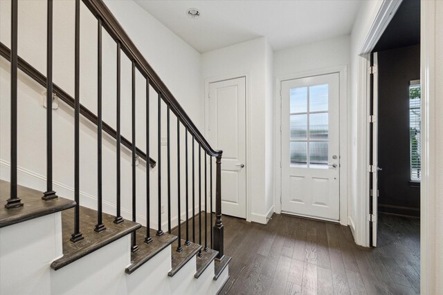 entryway featuring dark wood-style flooring, a wealth of natural light, and stairway