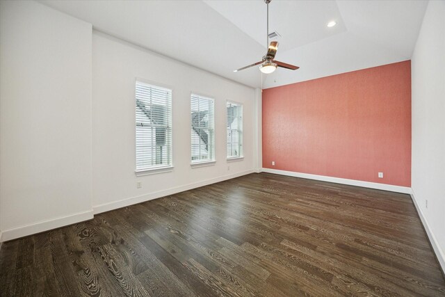 unfurnished room featuring a ceiling fan, baseboards, recessed lighting, wood finished floors, and visible vents