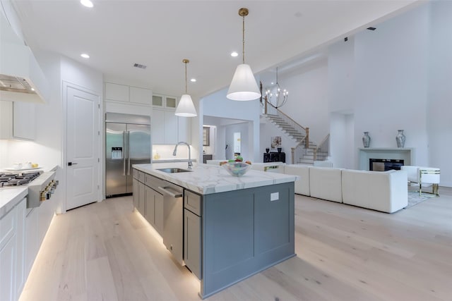 kitchen featuring custom exhaust hood, light wood-style floors, white cabinetry, a sink, and stainless steel appliances
