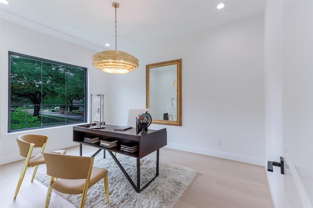 office area featuring recessed lighting, light wood-style floors, and baseboards