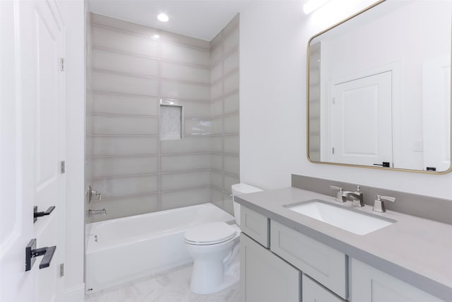 bathroom with bathtub / shower combination, vanity, toilet, marble finish floor, and recessed lighting