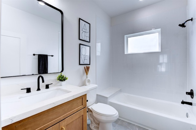 bathroom featuring vanity, toilet, and shower / washtub combination