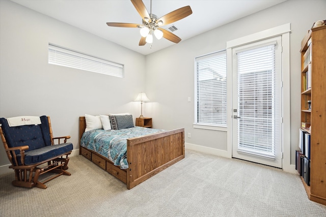 bedroom with access to outside, baseboards, light carpet, and a ceiling fan