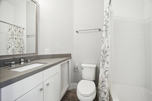 bathroom with toilet, shower / bath combination with curtain, and vanity