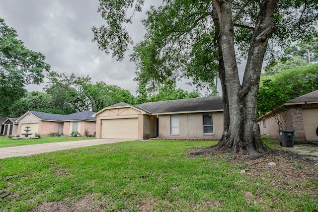 ranch-style home featuring concrete driveway, brick siding, a front lawn, and a garage