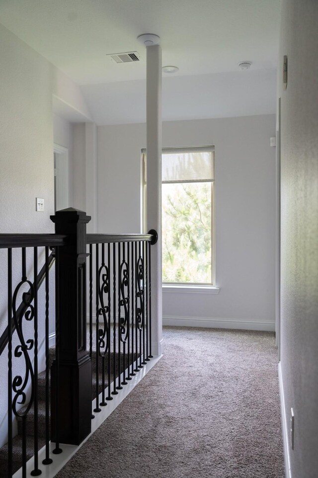 staircase with visible vents, baseboards, and carpet floors