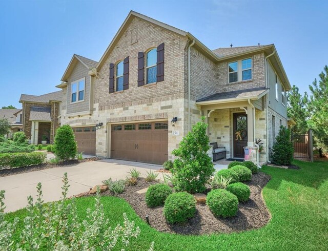 view of front facade featuring stone siding, a front yard, brick siding, concrete driveway, and an attached garage