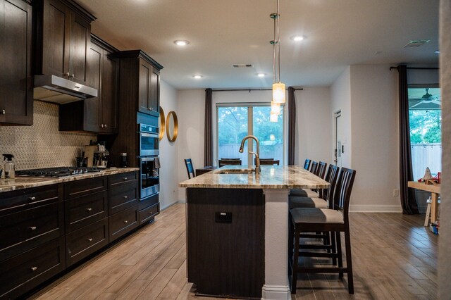 kitchen with tasteful backsplash, a sink, under cabinet range hood, light wood-style floors, and stainless steel appliances
