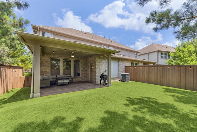 26 Heirloom Garden Pl, Magnolia, TX 77354 - rear view of property with outdoor lounge area, a ceiling fan, brick siding, and central air condition unit