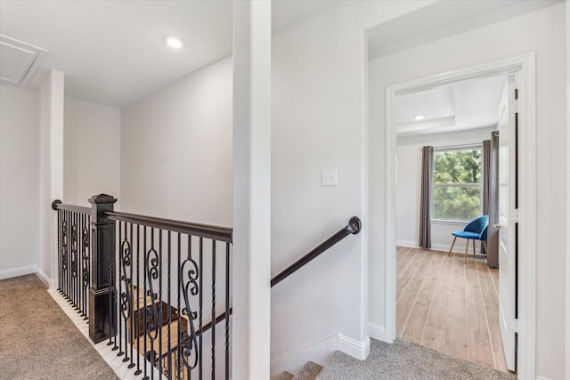 26 Heirloom Garden Pl, Magnolia, TX 77354 - hallway with an upstairs landing, recessed lighting, baseboards, and attic access