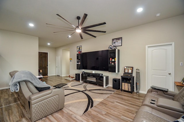 12630 Beddington Ct, Tomball, TX 77375 - living room with baseboards, a ceiling fan, recessed lighting, and wood finished floors