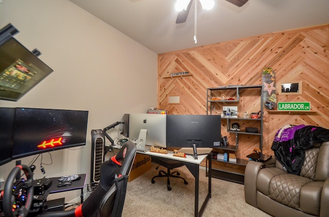 12630 Beddington Ct, Tomball, TX 77375 - carpeted office space with wooden walls and a ceiling fan