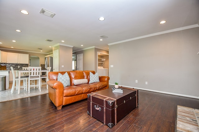 7318 River Garden Dr, Houston, TX 77095 - living room with visible vents, ornamental molding, dark wood-style floors, and recessed lighting