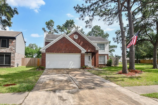7318 River Garden Dr, Houston, TX 77095 - traditional-style home with brick siding, an attached garage, driveway, and a front yard