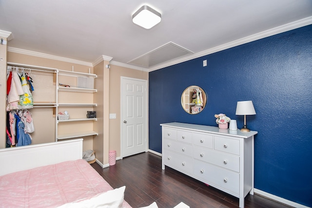 7318 River Garden Dr, Houston, TX 77095 - bedroom featuring crown molding, baseboards, attic access, and dark wood-type flooring