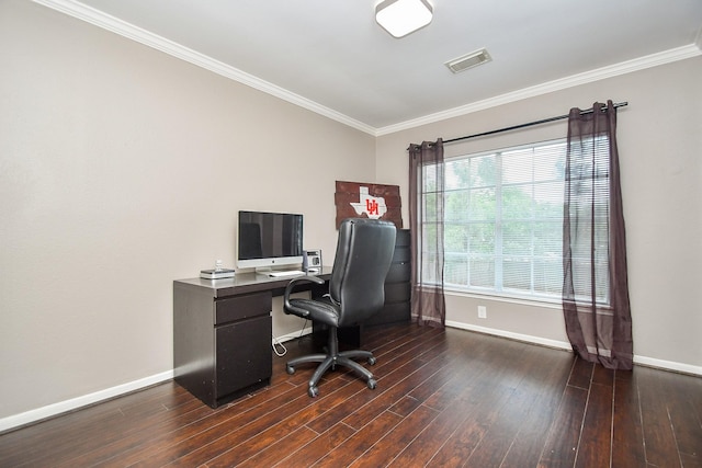 7318 River Garden Dr, Houston, TX 77095 - office area featuring baseboards, ornamental molding, visible vents, and dark wood-style floors