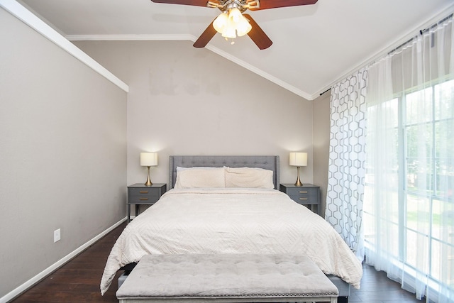 7318 River Garden Dr, Houston, TX 77095 - bedroom featuring ceiling fan, dark wood finished floors, baseboards, lofted ceiling, and ornamental molding