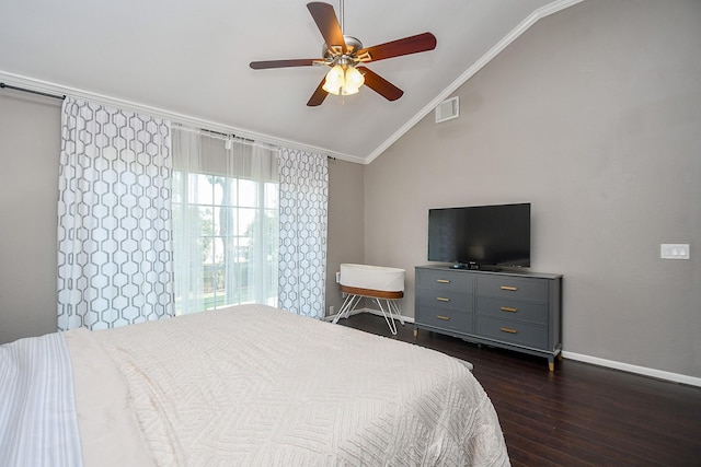 7318 River Garden Dr, Houston, TX 77095 - bedroom with crown molding, visible vents, dark wood finished floors, baseboards, and vaulted ceiling