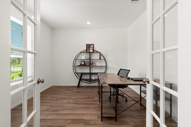 office space featuring baseboards, french doors, recessed lighting, and wood finished floors