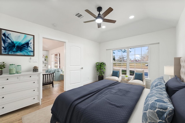 bedroom with recessed lighting, ceiling fan, light wood finished floors, and visible vents