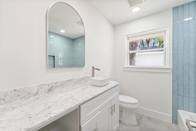 full bathroom featuring visible vents, vanity, toilet, walk in shower, and a tub to relax in