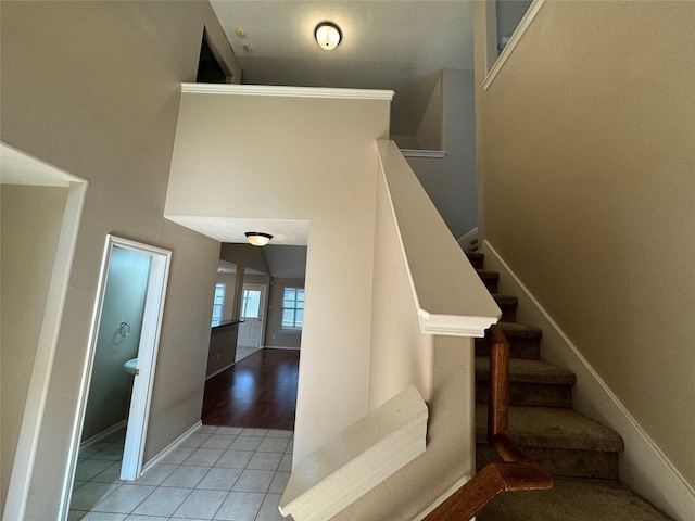 16407 Thyme Green Ln, Cypress, TX 77433 - stairs featuring tile patterned floors and baseboards