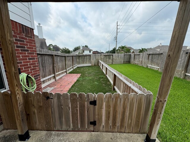 view of yard featuring a fenced backyard and a gate