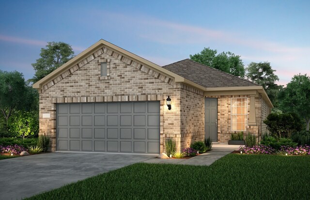 view of front facade with concrete driveway, brick siding, an attached garage, and roof with shingles
