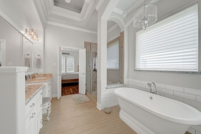 bathroom featuring crown molding, vanity, a soaking tub, and a shower stall