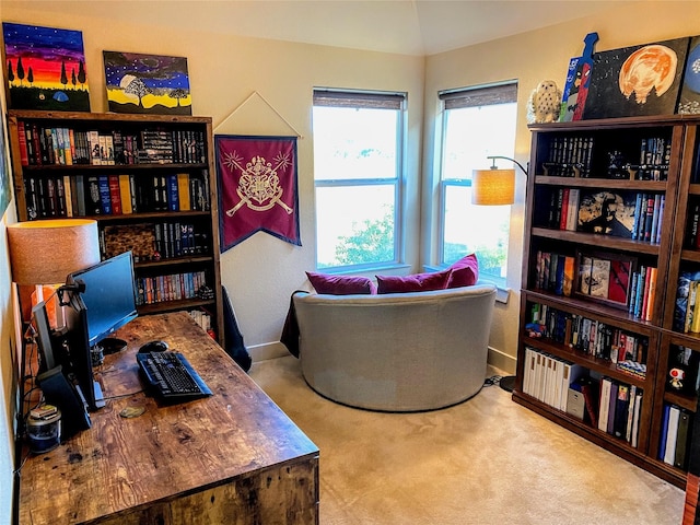 living area with baseboards, vaulted ceiling, and carpet