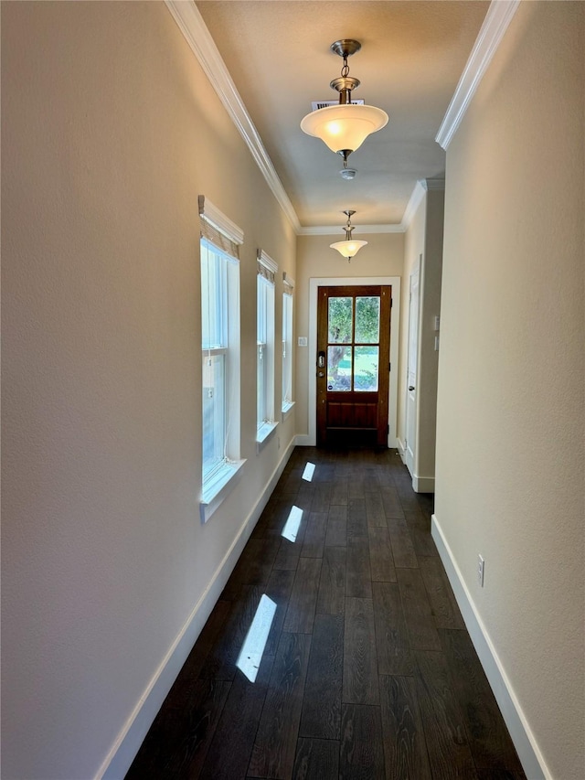 doorway with baseboards, ornamental molding, and dark wood finished floors