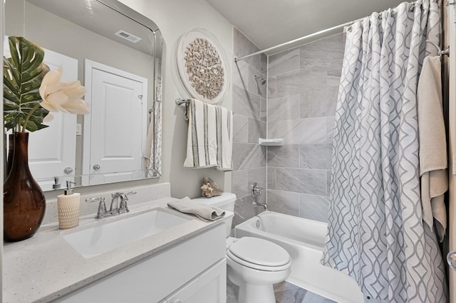 full bath featuring vanity, toilet, shower / bathtub combination with curtain, and visible vents