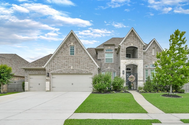 french provincial home with an attached garage, stone siding, brick siding, a front yard, and driveway