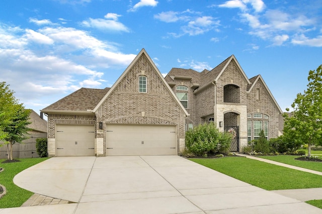 french country home featuring roof with shingles, concrete driveway, a front yard, and brick siding