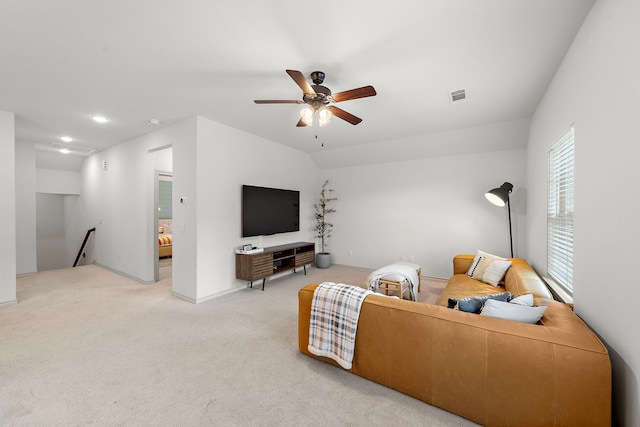 living room featuring visible vents, carpet flooring, ceiling fan, and recessed lighting