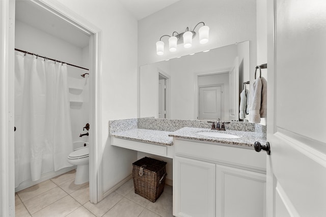 full bath with vanity, tile patterned flooring, toilet, and shower / bath combination with curtain