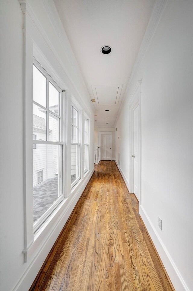 806 Waverly St, Houston, TX 77007 - corridor featuring baseboards, attic access, and light wood-style floors