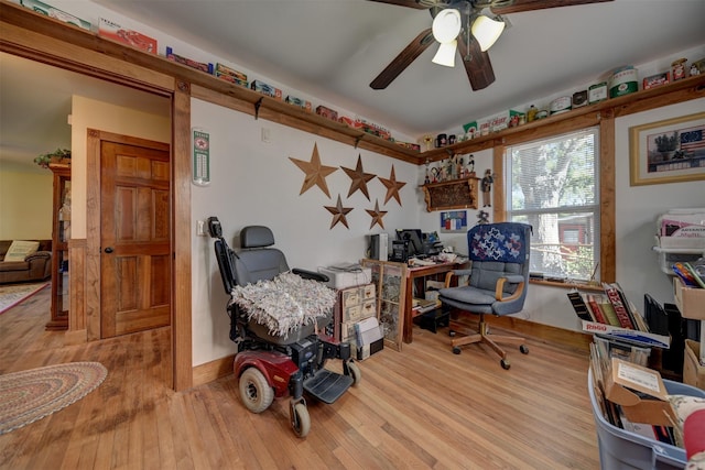 office area featuring wood-type flooring and a ceiling fan
