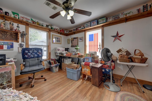 home office featuring ceiling fan, wood-type flooring, and visible vents