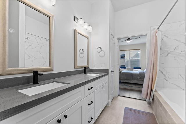 full bathroom with a sink, ceiling fan, double vanity, and shower / tub combo with curtain