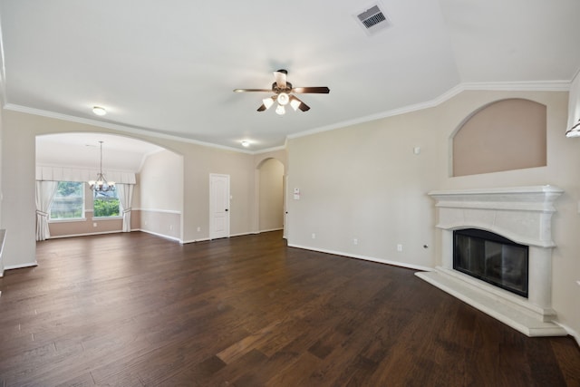 unfurnished living room with a ceiling fan, a glass covered fireplace, dark wood-style flooring, arched walkways, and baseboards