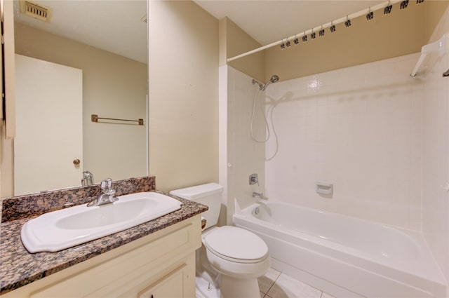 full bath with tile patterned flooring, vanity, bathtub / shower combination, toilet, and visible vents