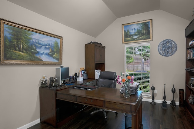 office area with baseboards, dark wood finished floors, and vaulted ceiling