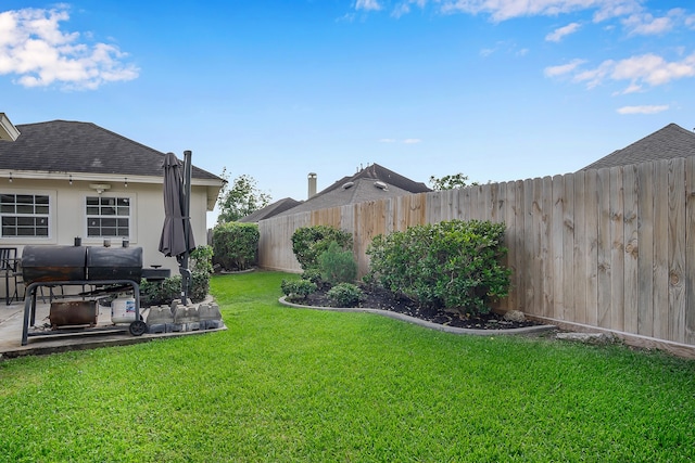 view of yard featuring a fenced backyard and a patio area