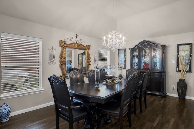 dining area with baseboards, a notable chandelier, vaulted ceiling, and dark wood-type flooring
