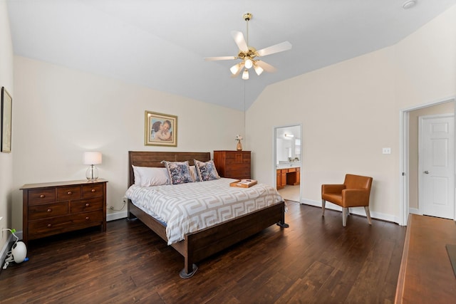5211 Bur Oak Dr, Pasadena, TX 77505 - bedroom with wood finished floors, lofted ceiling, baseboards, ensuite bathroom, and a ceiling fan