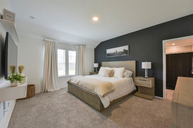 14417 Gray Rocks Rd, Splendora, TX 77372 - bedroom with carpet floors, recessed lighting, baseboards, and vaulted ceiling