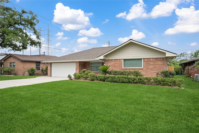 ranch-style house with an attached garage, concrete driveway, a front lawn, and brick siding
